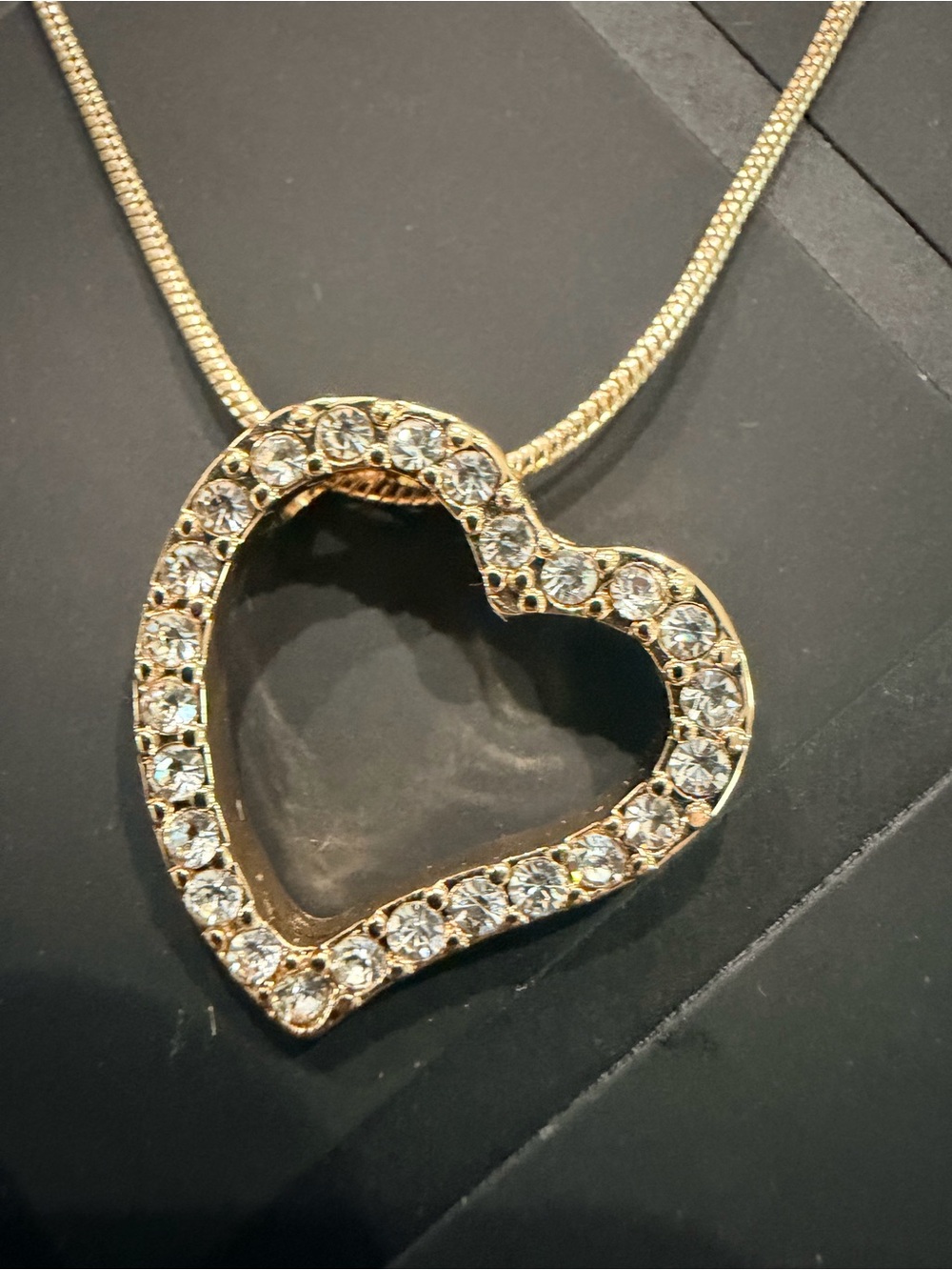 Vintage Gold Tone Rhinestone Floating Heart Necklace 17” with 1-1/2” extender